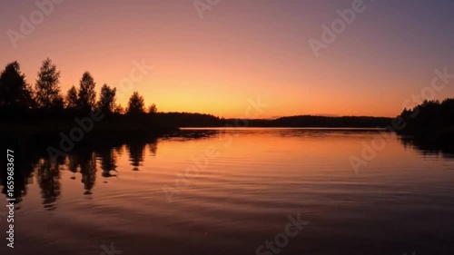 Sunset over a calm lake with reflections of trees