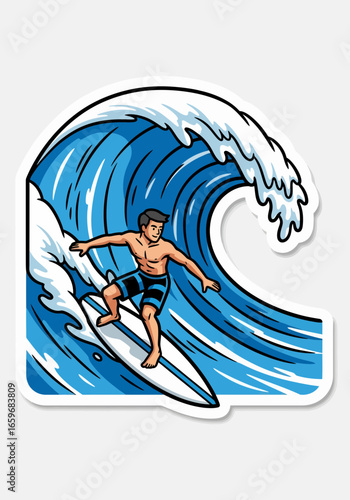 Cartoon Surfer on a Wave Sticker Illustration