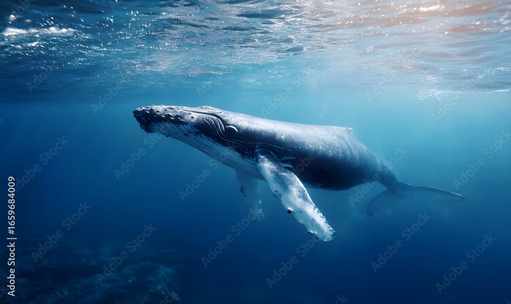 Fototapeta premium a blue whale deep under the water swimming on the deep