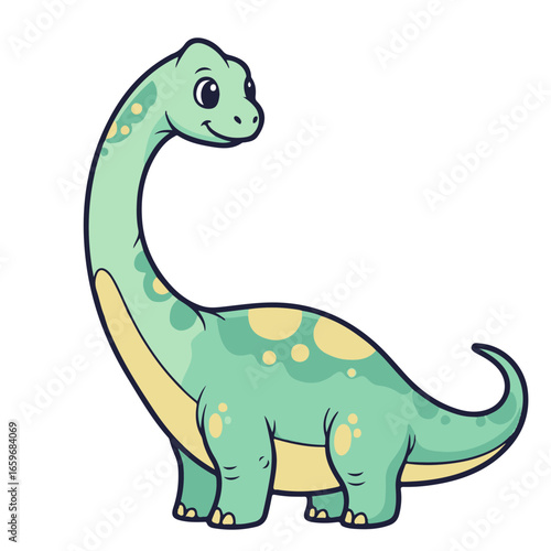 A cute baby Diplodocus sticker design, chibi cartoon style, 2D flat vector icon illustration of an adorable little. Kawaii style, character art, isolated on white background