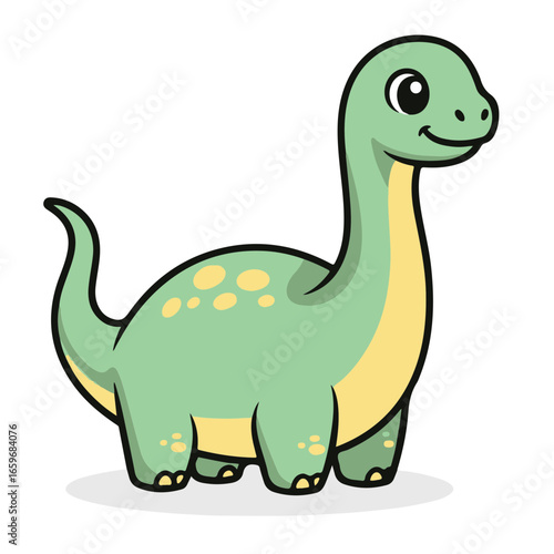 A cute baby Diplodocus sticker design, chibi cartoon style, 2D flat vector icon illustration of an adorable little. Kawaii style, character art, isolated on white background