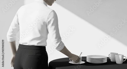 Stylized Illustration of a Woman Arranging Tea Cups and Plates
