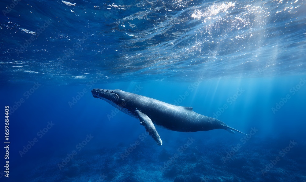 Naklejka premium a blue whale deep under the water swimming on the deep