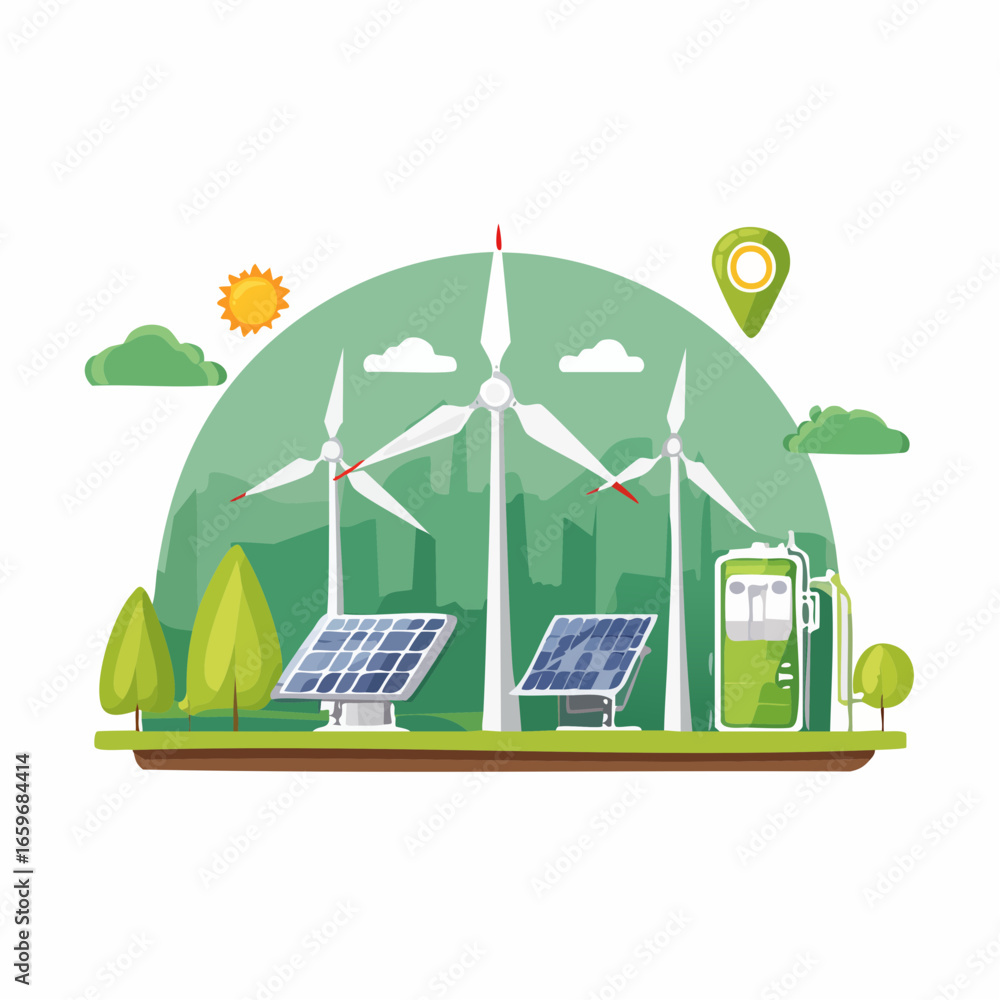 Fototapeta premium Vector icons of clean green energy technology featuring solar, wind, electric scooter, and smart grid devices in flat design on white background.