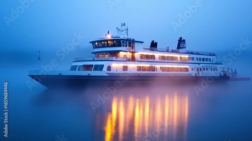 Ferry in a misty landscape at dawn