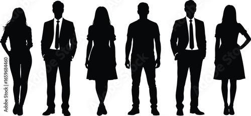 Mixed group of people silhouette vector illustration, men and women in casual and formal attire isolated on white background for design