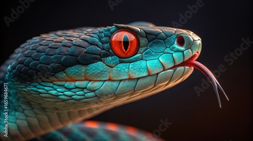 Close-Up of Vibrant Exotic Snake with Red Eyes and Forked Tongue