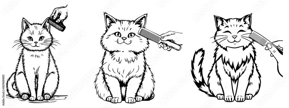 Fototapeta premium Three black and white illustrations depict cats being groomed with a comb, showing different angles and expressions of the felines during the process, created with AI