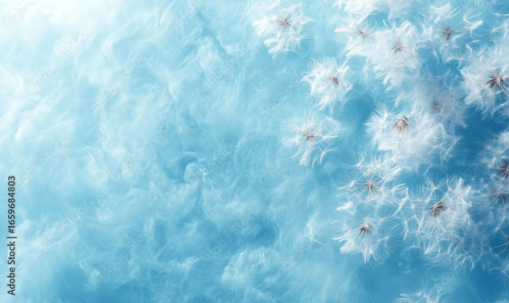 Obraz premium Dandelion fluff background for aesthetic minimalism style, featuring light blue colors and elegant flying fluffs, representing the fragile beauty of nature in a calm, serene environment, Generative AI