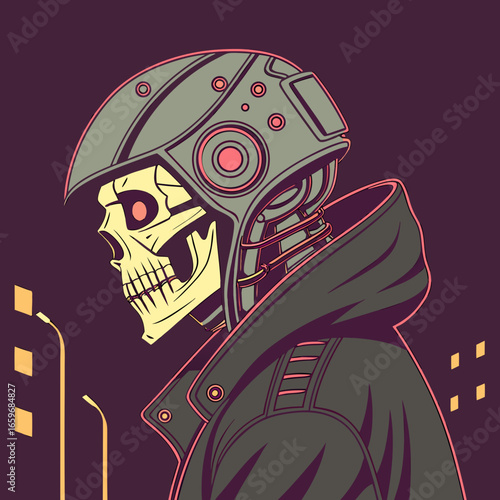 Vector art of a cyberpunk skeleton with motorcycle helmet stands in a futuristic city, blending technology and urban elements in a dark setting