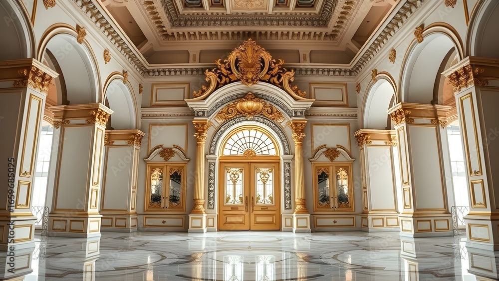 Fototapeta premium Art Deco Building's Recessed Gold and Gray Stone Doorway