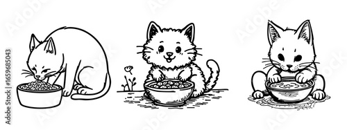 kucing-13A delightful black and white line art illustration featuring three distinct cats and kittens happily eating from their food bowls, showcasing various styles