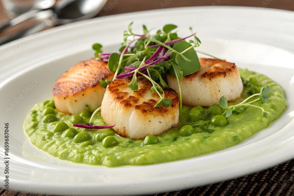 Fine Dining Scallops with Microgreens on Pea Puree Fine Dining Scallops with Microgreens on Pea Puree