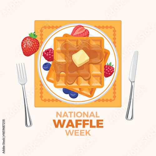 National Waffle Week poster vector illustration. Sweet square waffles and fruit on a plate top view vector. Template for background, banner, card. In September. Important day