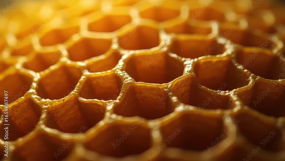 Close-up view of a honeycombs intricate hexagonal patterns, showcasing the natural honey color and texture. Close-up view of a honeycombs intricate hexagonal patterns, showcasing the natural honey color and texture.