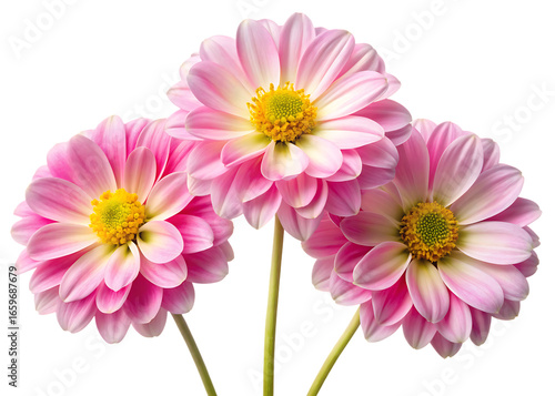 Trio of Pink and White Dahlias with Yellow Centers flower isolated on a transparent background