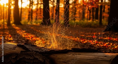 A Magical Vortex of Fiery Sparks Dances in a Golden Autumn Forest at Sunset.