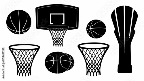 Basketball Championship Trophy and Equipment Black Silhouettes