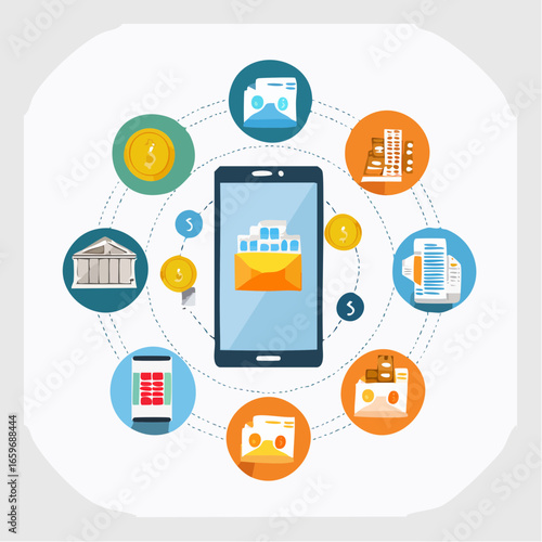 ector fintech ecosystem with digital banking, blockchain, cryptocurrency, and modern financial apps in flat illustration on white background.