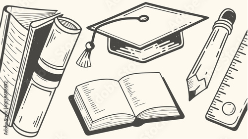 Illustration of books, graduation cap, open book, pencil, and ruler in black and white style drawing silhouette