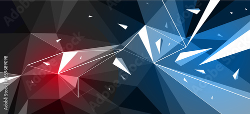Low poly background with particles debris in motion and color spotlights vector design, 3D dynamic surface with debris explosion, triangular elements flying over polygonal backdrop.