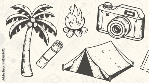 Illustration depicting camping elements including a tent camera palm tree and campfire on a textured background silhouette