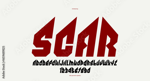 Sharp and bold italic vector display font for logo, gothic or heavy metal style modern typeface, edgy hard rock letters and numbers alphabet for titles or slogans, heavy typography.