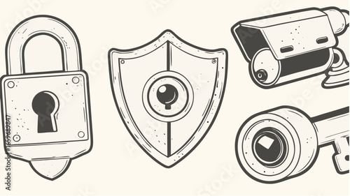 Illustration featuring a padlock, shield with keyhole, and two security cameras in black and white silhouette