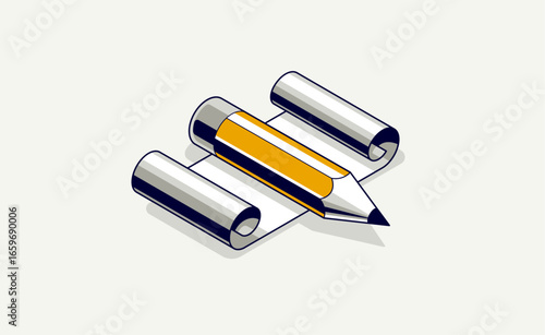 Engineering project concept, paper document blueprint with pencil engineer work job vector 3D isometric illustration, abstract plan drawing, cad scheme icon.