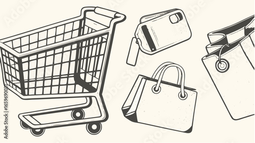 Illustration of a shopping cart, wallet, and two shopping bags in black and white drawing style silhouette