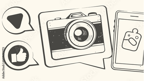 Illustration of a camera and a smartphone with social media icons in speech bubbles design concept silhouette