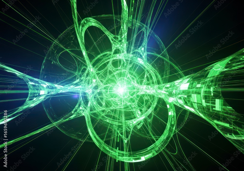 Obraz premium Radiant Green Energy Core Unleashing a Complex Web of Luminous Light.