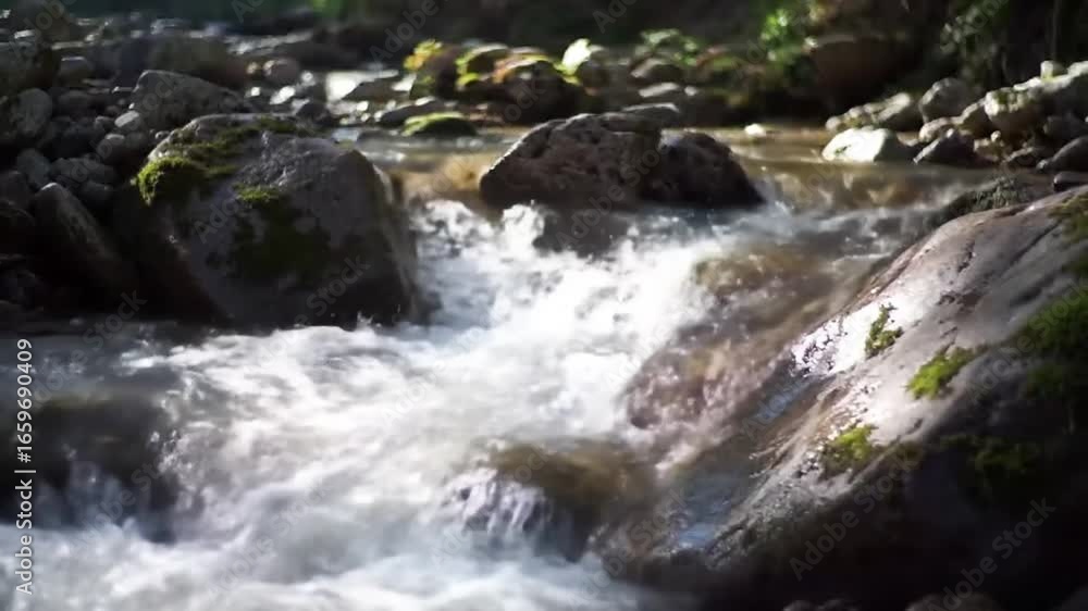 Clear mountain stream flowing over mossy rocks, creating white rapids in a lush natural forest environment Clear mountain stream flowing over mossy rocks, creating white rapids in a lush natural forest environment