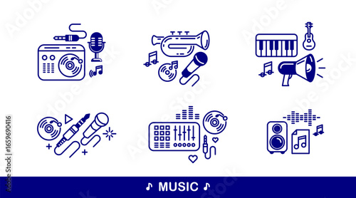 Music and recording studio vector detailed icons set, sound producing and audio engineering bundle, playing instruments.