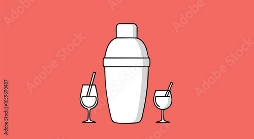 Cocktail shaker and two glasses, ready to mix drinks.