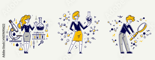 Scientist discovering science theory and making experiments vector outline illustration set, theoretical science research or invention, education learning university.