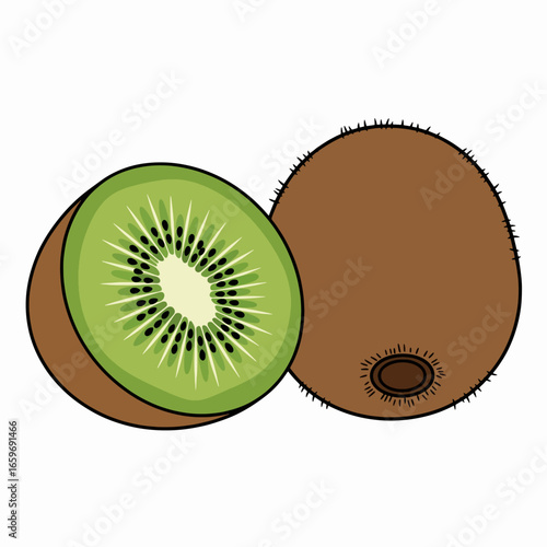 A vibrant illustration of two kiwi fruits, one sliced open, showcasing the green interior.