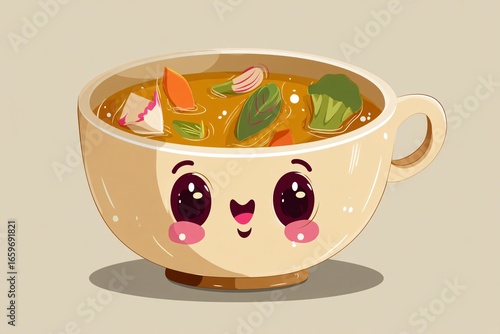 Cute vegetable soup in a kawaii style mug with a smiling face and rosy cheeks, a charming and whimsical food illustration
