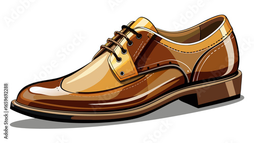 Men’s elegant classic brown leather shoes isolated on white background, featuring walnut texture, honey golden glaze, onyx black shadows, silver-gray gleam, creamy ivory highlights