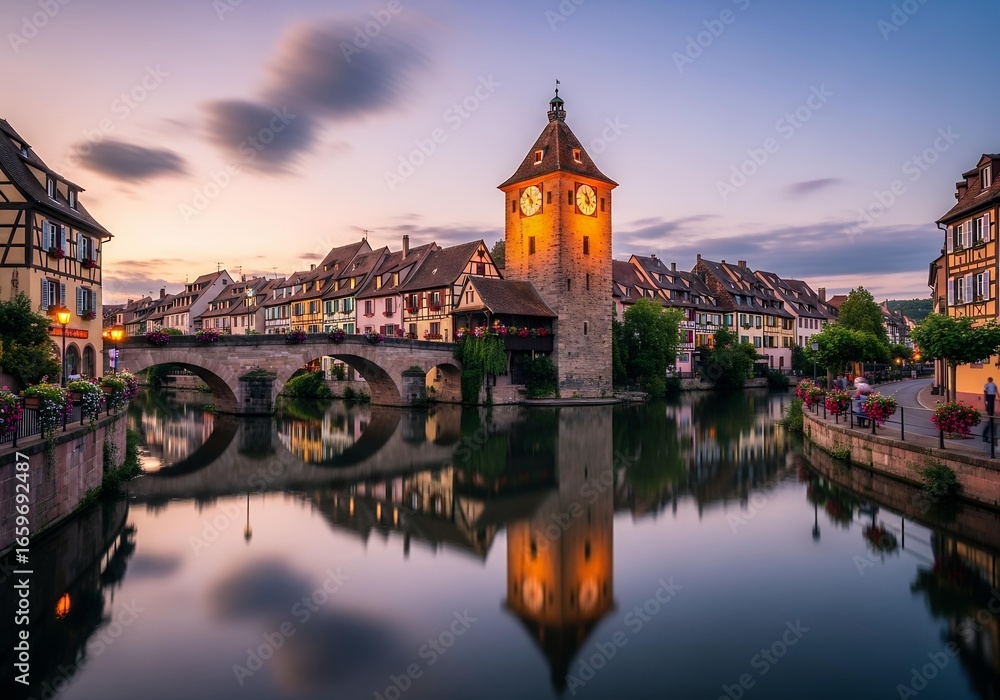 Fototapeta premium Historic medieval tower and arched bridge reflected in calm canal water at dusk