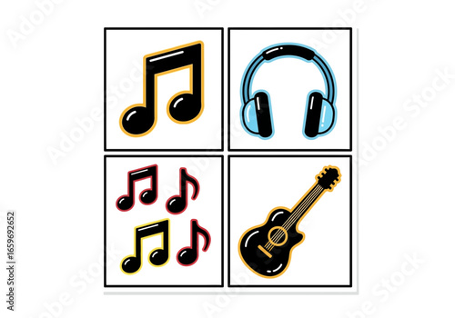 Musical Instruments and Sound Design Icons Grid: Guitar, Headphones, Notes
