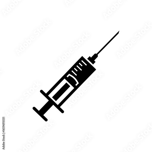 A plastic hypodermic syringe with a needle is isolated on a white background, representing medicine and healthcare