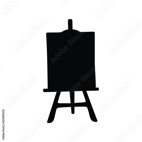 A minimalist silhouette of an artist's easel against a white background