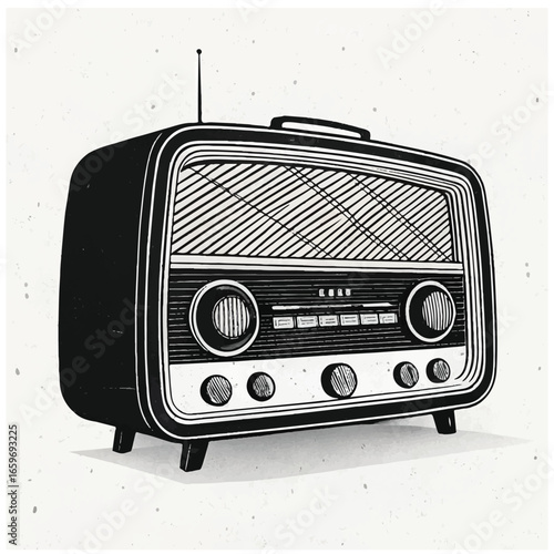 Retro 1950s vintage analog radio receiver hand-drawn engraving style illustration.