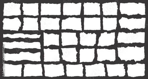 Blank background scraps of torn white paper. Various  pieces of ripped teared sheets with uneven jagged edges 