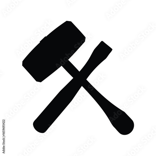 Simple graphic illustration depicting a mallet hammer and a chisel tool crossed