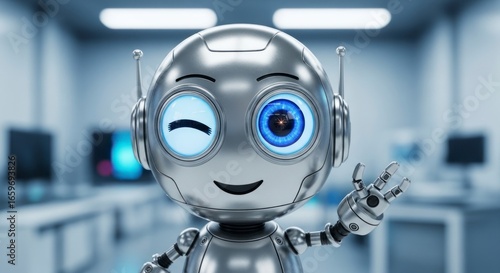 Playful Chrome Robot with a Glowing Blue Eye Winks a Friendly Greeting.