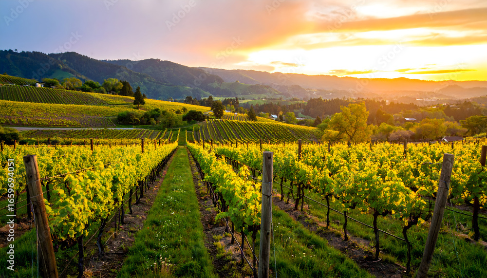 Fototapeta premium Vineyard landscape at sunset with rows of grapevines in golden light