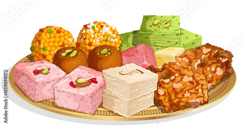 Sweets Platter Illustration - Kalakand, Barfi, Walnut Halwa, Turkish Delights, Gulab Jamun, Boondi Ladoo and Pistachio Burfi. Traditional Asian Celebratory Dessert