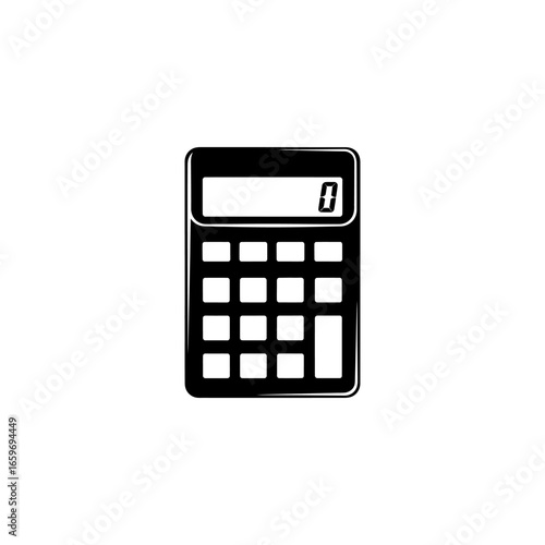 A calculator with a black keypad and numbers is isolated on a white background